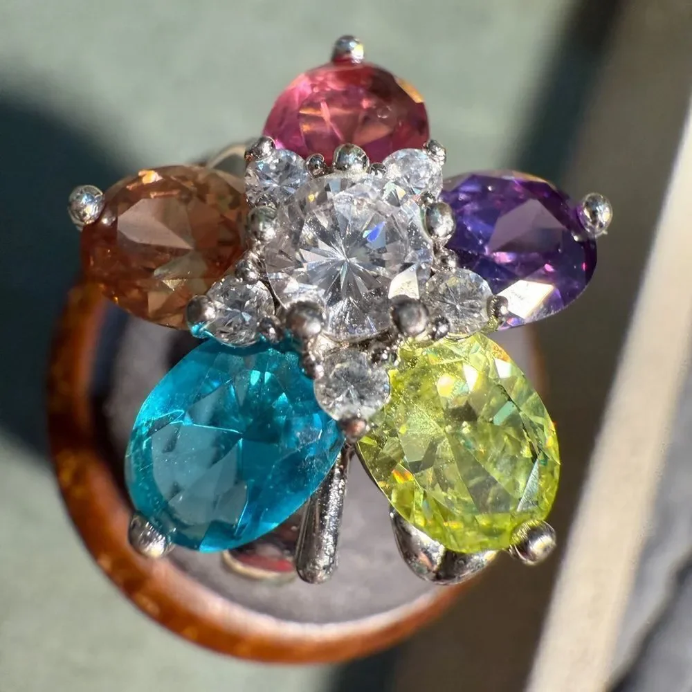 Colorful Flower Cocktail Ring with Multicolor Gemstones – Size 9.5